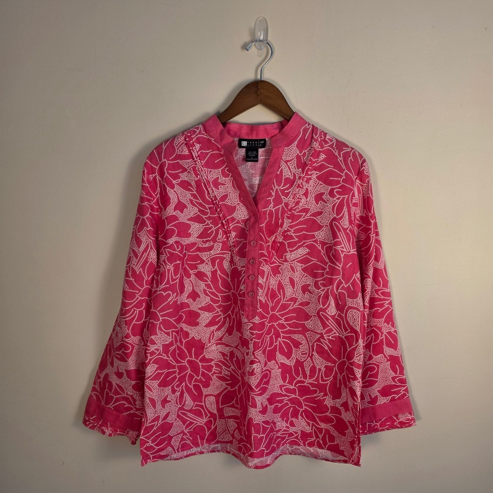Carol Little Linen Tunic Women‎ Size 12 Pink Floral Long Sleeve Pintuck Blouse